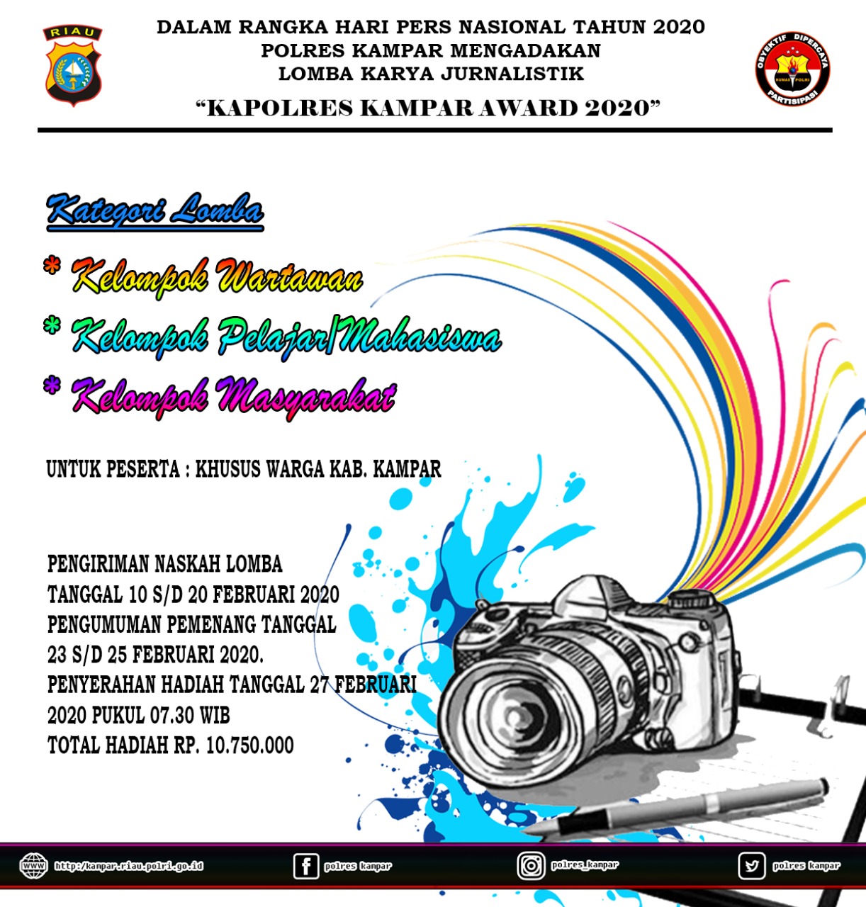Semarakkan Hari Pers Nasional, Polres Kampar Gelar Lomba Karya Jurnalistik Kapolres Kampar Award 202